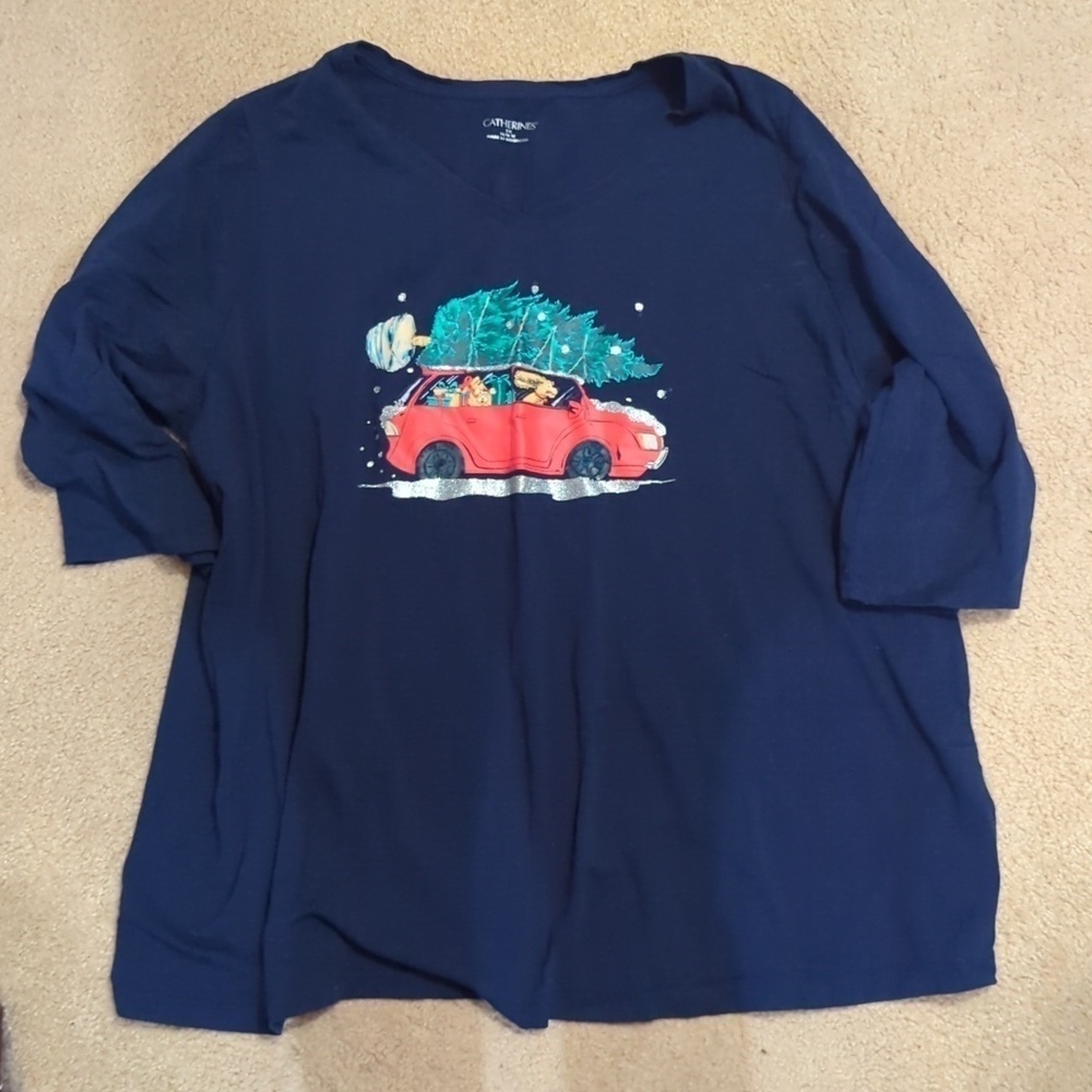 Catherine's Christmas Tree & Car Blue Shirt Size 0X 14/16W Cotton Spandex